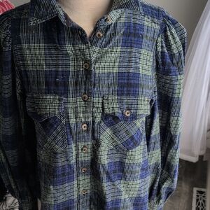 Free People Blue and Green Plaid Button Up Flannel Shirt Size XS